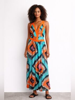 GB Colorful Maxi Dress | V-Neck | Turquoise Orange Print | Size M